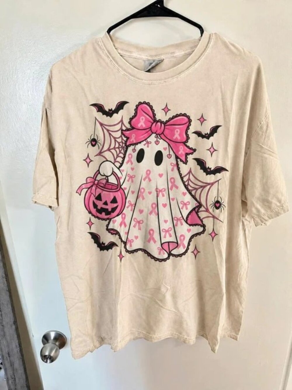 Comfort Colors Unisex Pink Ribbon Ghost Breast Cancer Graphic T-Shirt - Ivory